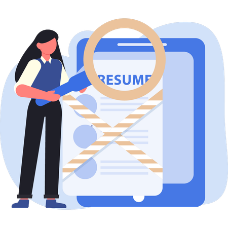 Woman holding magnifying glass while find resume  Illustration