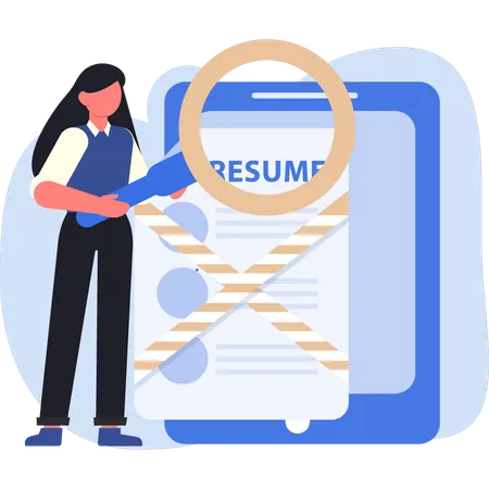 Woman holding magnifying glass while find resume  Illustration