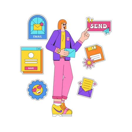 Woman Holding A Letter And Sending It With A Letter Sticker Or Email In 90 S Style Illustration