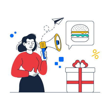 Woman holding megaphone and doing Product Promotion  Illustration