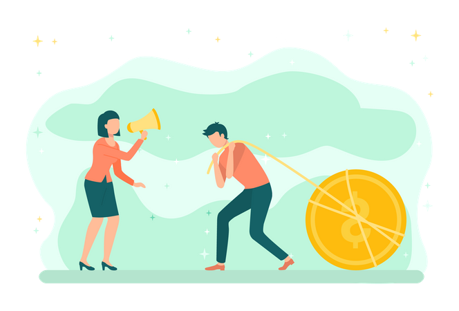 Woman holding megaphone and man pulling dollar coin  Illustration