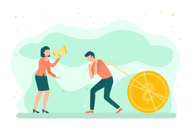 Woman holding megaphone and man pulling dollar coin  Illustration