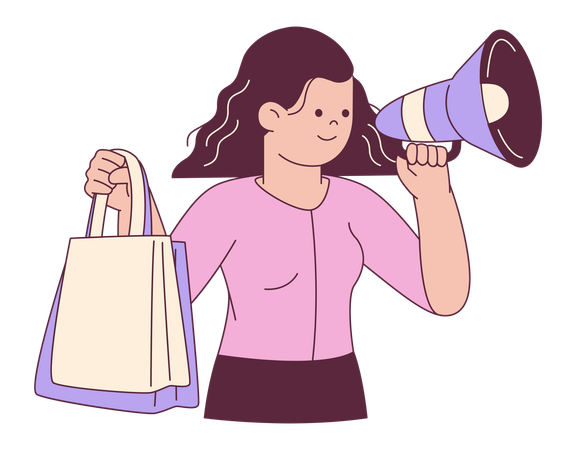 メガホンと買い物袋を持った女性  イラスト