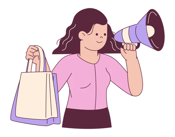 メガホンと買い物袋を持った女性  イラスト