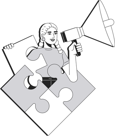 Woman holding megaphone while solving jigsaw puzzle  Illustration