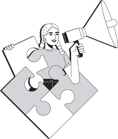 Woman holding megaphone while solving jigsaw puzzle  Illustration