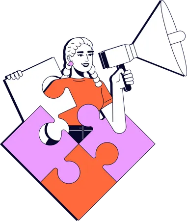 Woman holding megaphone while solving jigsaw puzzle  Illustration
