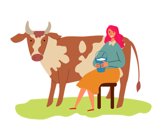Woman holding milk bucket in her hand Illustration