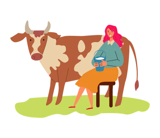 Woman holding milk bucket in her hand  Illustration