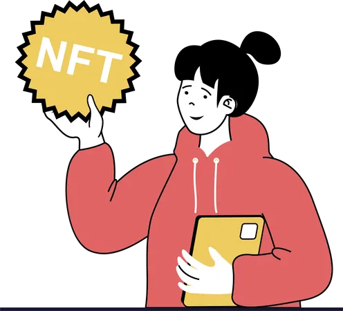 Woman holding nft token  Illustration