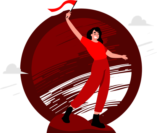 Woman holding one Indonesian flag  Illustration