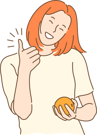 Woman holding orange and showing thumbs up  일러스트레이션