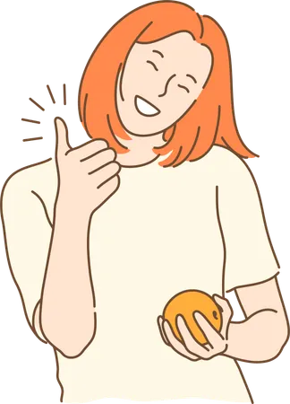 Woman holding orange and showing thumbs up  일러스트레이션