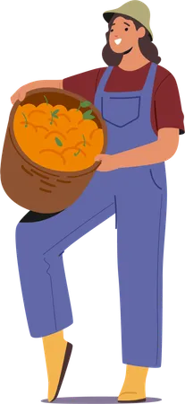 Farmer Female Character Stands Proudly With A Rustic Basket Filled To The Brim With Vibrant Ripe Orange Fruits Showcasing The Bountiful Harvest Of The Season Cartoon People Vector Illustration Illustration