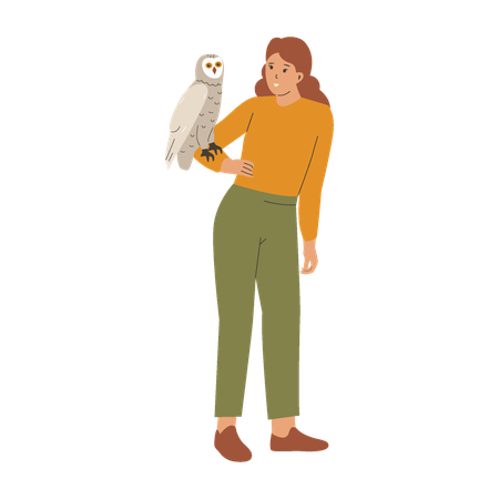 Woman holding owl in hand  일러스트레이션