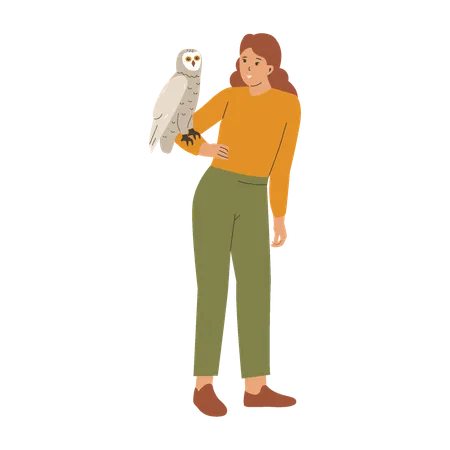 Woman holding owl in hand  일러스트레이션