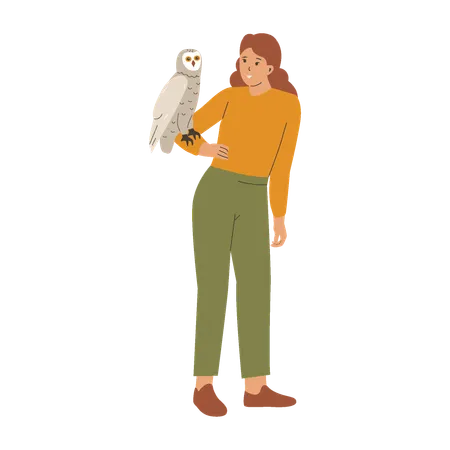 Woman holding owl in hand  Illustration