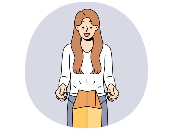 Woman holding paper bag and looks at screen showing off successful shopping and buying goods  Illustration