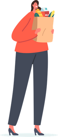 Woman Holding Paper Package with Food, Purchase Products in Market Store. Customer Female Character with Eco Bag  Illustration