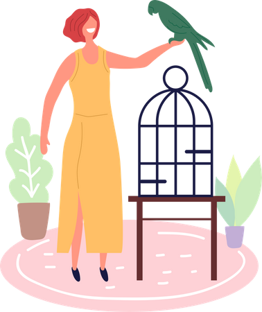 Woman holding parrot  イラスト