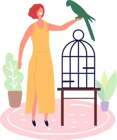 Woman holding parrot  イラスト