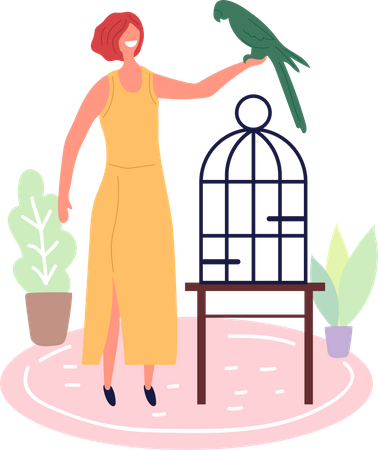 Woman holding parrot  Illustration