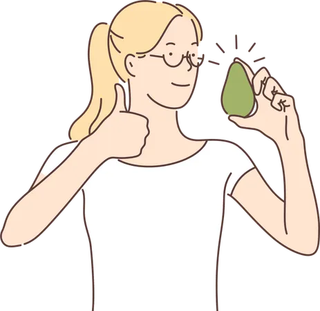 Woman holding pear and showing thumbs up  Illustration