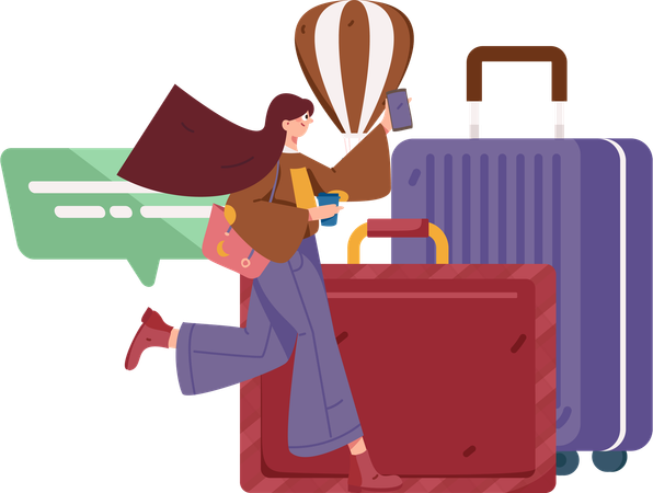 Woman holding phone while going for trip  Illustration