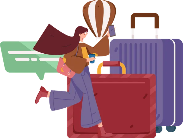 Woman holding phone while going for trip  Illustration