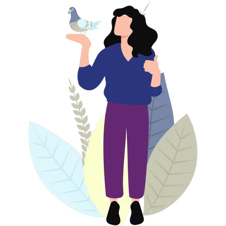 The Girl Is Holding A Pigeon Illustration
