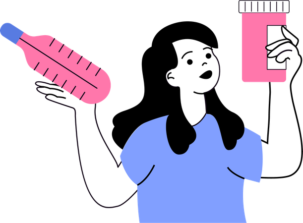 Woman holding pill bottle and thermometer  Illustration