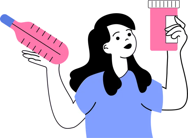 Woman holding pill bottle and thermometer  Illustration