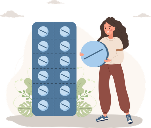 Woman holding pill  Illustration