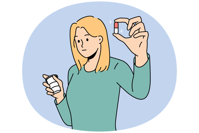 Woman holding pill in hands  Illustration