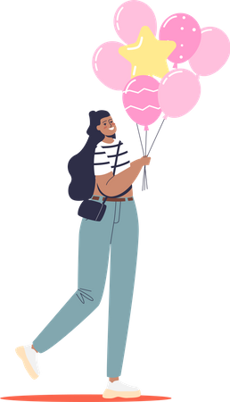 Woman holding pink balloons bunch  Illustration