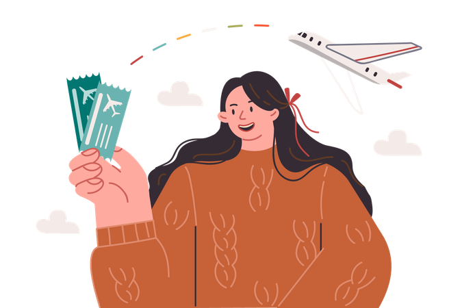 Woman holding plane tickets while offering to fly together on vacation  Illustration