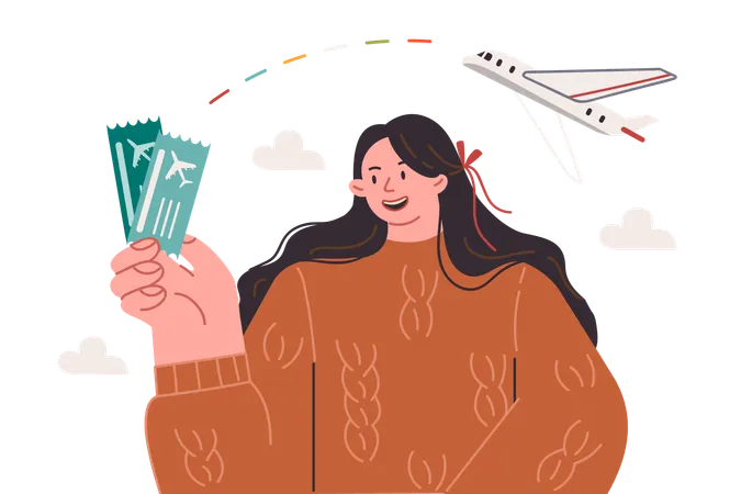 Woman holding plane tickets while offering to fly together on vacation  Illustration