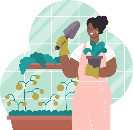 Woman holding plant pot with shovel  Illustration