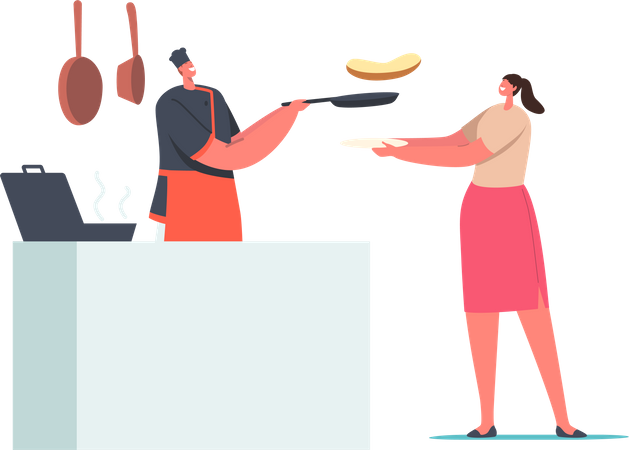 Woman Holding Plate front of Desk with Chef Frying Sausage and Making Toasts  Illustration