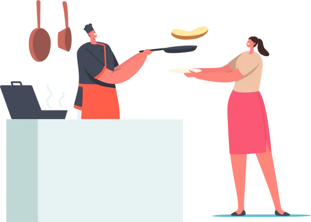 Woman Holding Plate front of Desk with Chef Frying Sausage and Making Toasts  Illustration