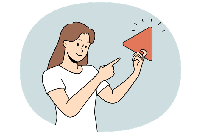 Woman holding play button suggesting start video from playlist and use multimedia technology  Illustration