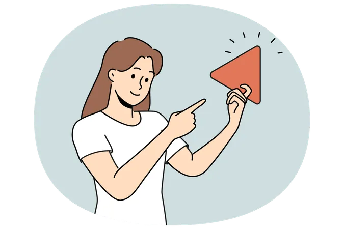 Woman holding play button suggesting start video from playlist and use multimedia technology  Illustration