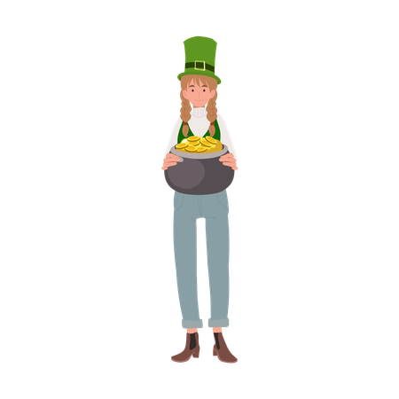 Woman Holding Pot of Gold  イラスト