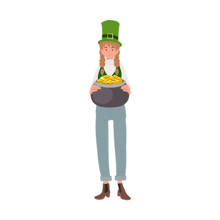 Woman Holding Pot of Gold  Illustration