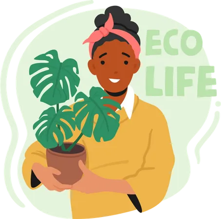 Woman Holding Potted Flower Promoting Eco Life Values Sustainability Green Living Nurturing The Plant Female Character Adding Natural Beauty To Indoor Or Outdoor Spaces Vector Illustration Illustration
