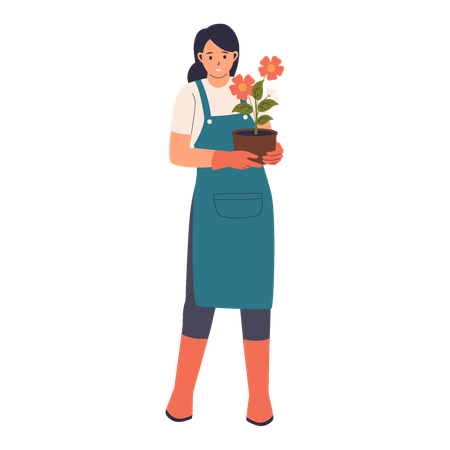 鉢植えの花を持つ女性  イラスト