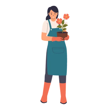 鉢植えの花を持つ女性  イラスト
