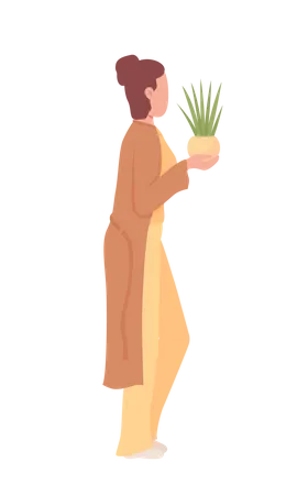 Woman holding potted plant Illustration