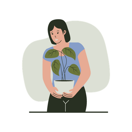 Woman holding potted plant  Illustration