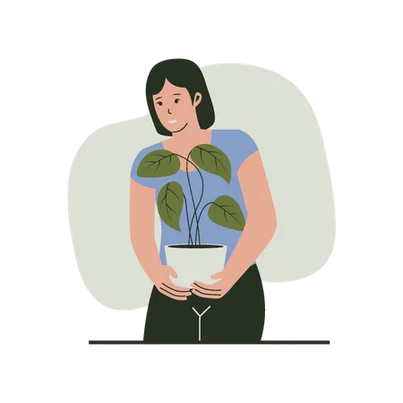 Flat Design Of Woman Holding Potted Plant Illustration